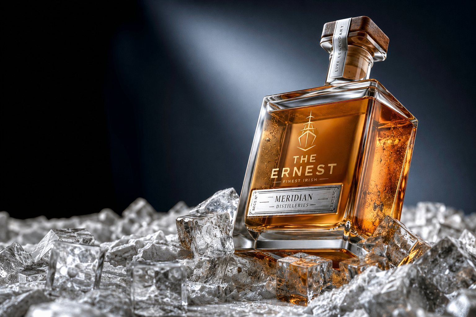 The Ernest square whiskey bottle by Meridian Distilleries resting on a bed of ice cubes under a dramatic spotlight