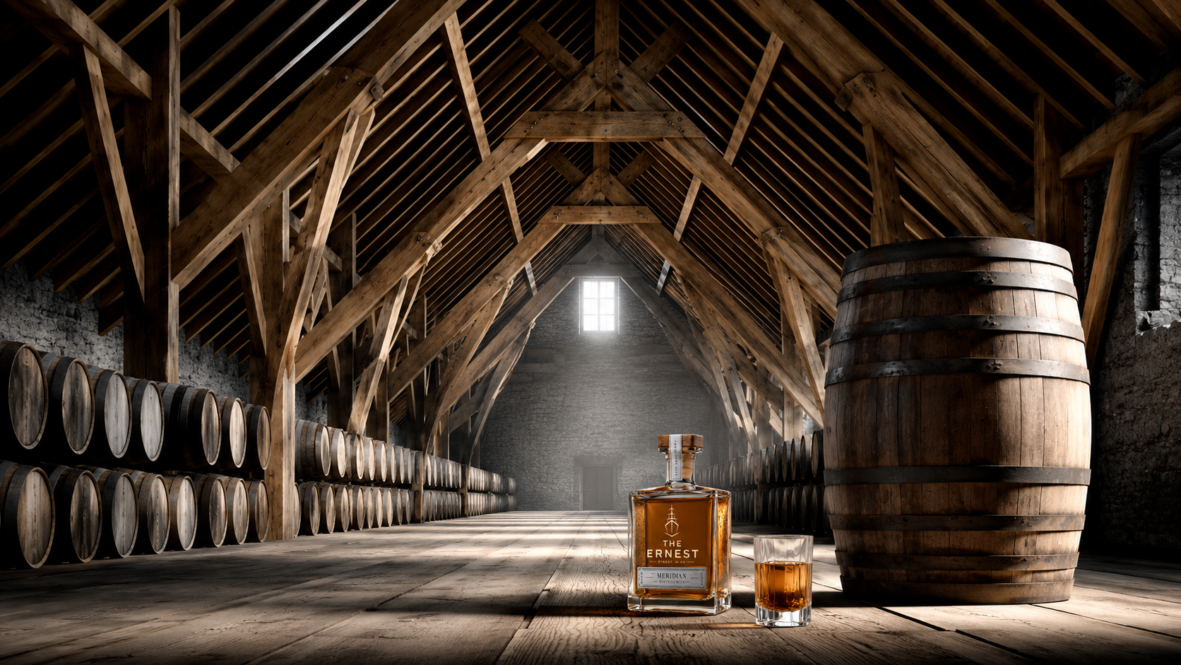 The Ernest whiskey bottle and glass inside a sunlit cathedral-like barrel warehouse with rows of oak casks